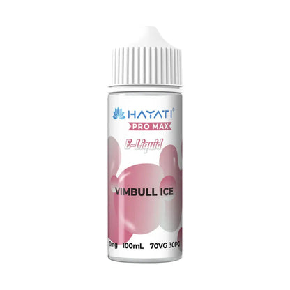 Hayati Pro Max e-liquid bottle with vimbull ice pink and white design on a white background