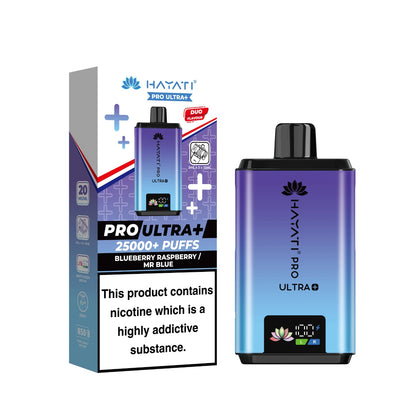 Hayati Pro Ultra+ Kit in "Blueberry Raspberry / Mr Blue" flavour, with colourful packaging on a white background.