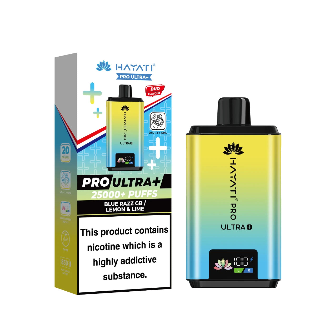 Hayati Pro Ultra+ Kit in "Blue Razz GB / Lemon Lime" flavour, with colourful packaging on a white background.