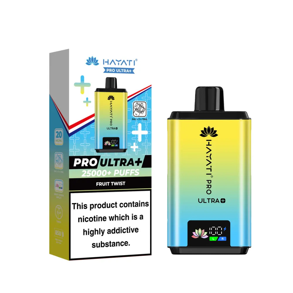 Hayati Pro Ultra+ Kit in "Fruit Twist" flavour, with colourful packaging on a white background.