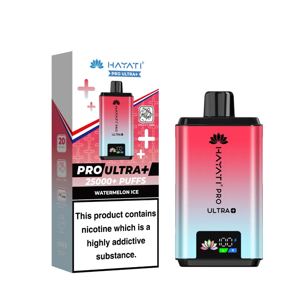 Hayati Pro Ultra+ Kit in "Watermelon Ice" flavour, with colourful packaging on a white background.