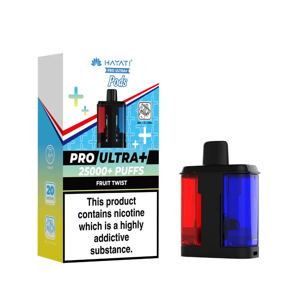 Hayati Pro Ultra+ "Fruit Twist" Pod with colourful packaging on a white background.