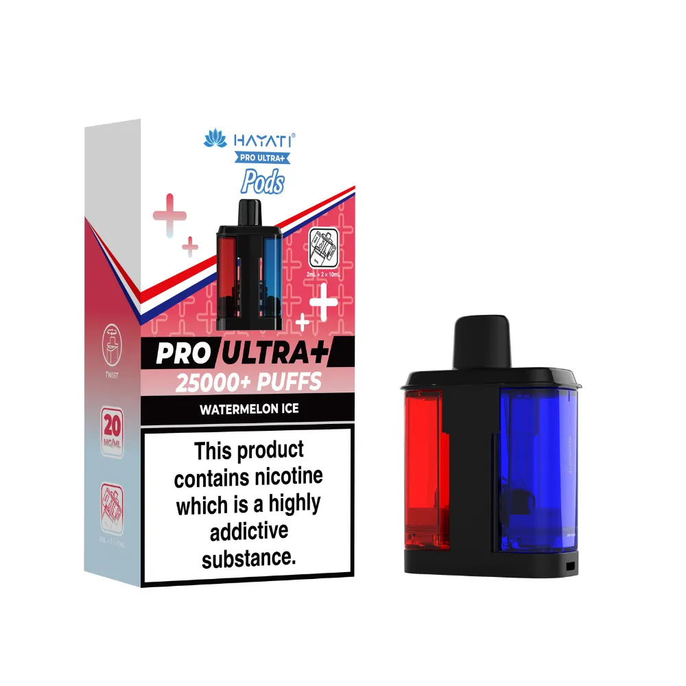 Hayati Pro Ultra+ "Watermelon Ice" Pod with colourful packaging on a white background.