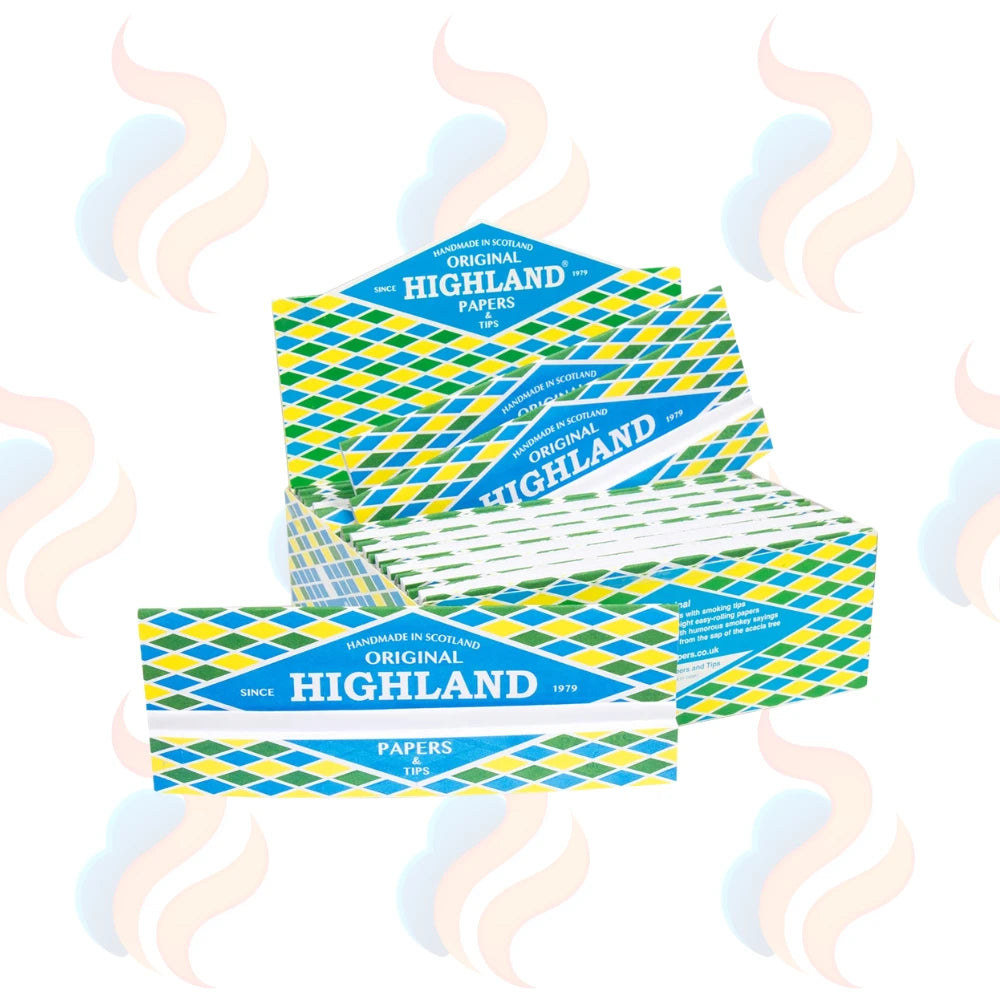 blue yellow and green Highland original rolling papers & tips on a white background