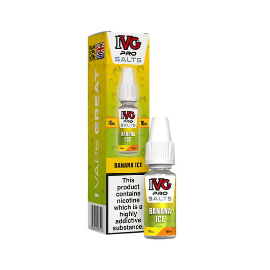 A bottle of IVG Pro Salts Banana Ice e-liquid next to its yellow and green packaging box, featuring the brand logo and a nicotine warning label.