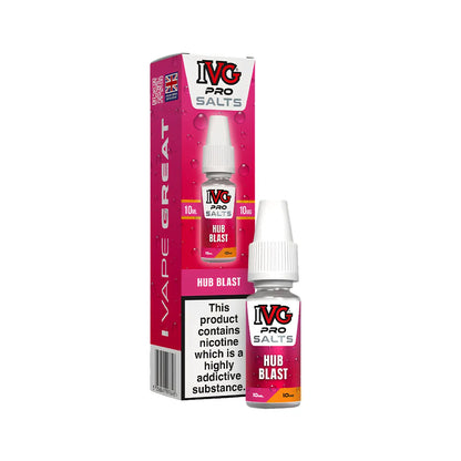 A bottle of IVG Pro Salts Hub Blast e-liquid next to its pink packaging box, featuring a white dropper cap and a prominent nicotine warning label.