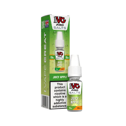A bottle of IVG Pro Salts Juicy Apple e-liquid next to its green packaging box, featuring the brand logo and a nicotine warning label.