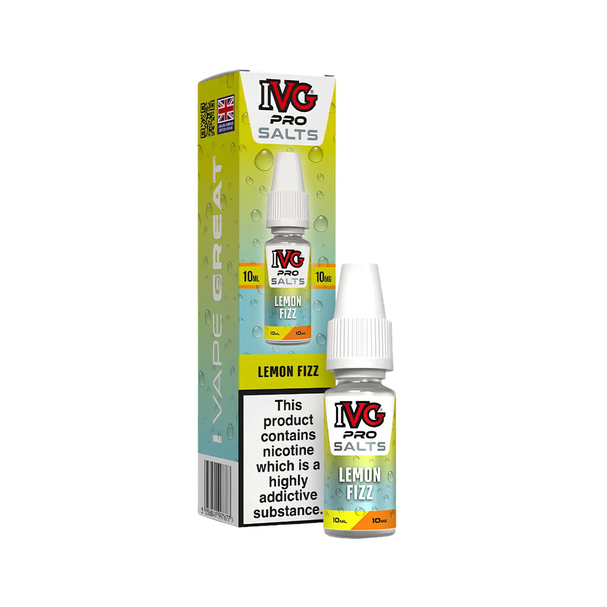 A bottle of IVG Pro Salts Lemon Fizz e-liquid next to its retail box packaging, featuring a yellow and teal gradient design with a prominent nicotine warning label.