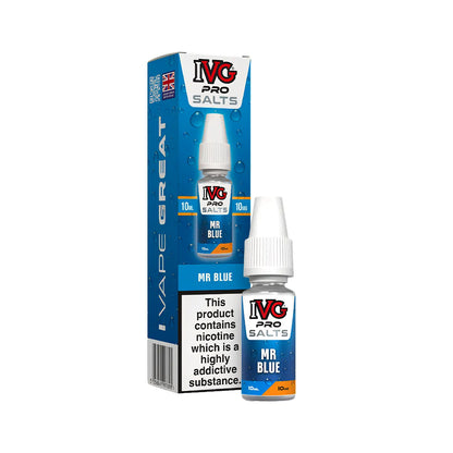 A bottle of IVG Pro Salts 'Mr Blue' e-liquid next to its blue packaging box, featuring a white dropper cap and a prominent nicotine warning label.