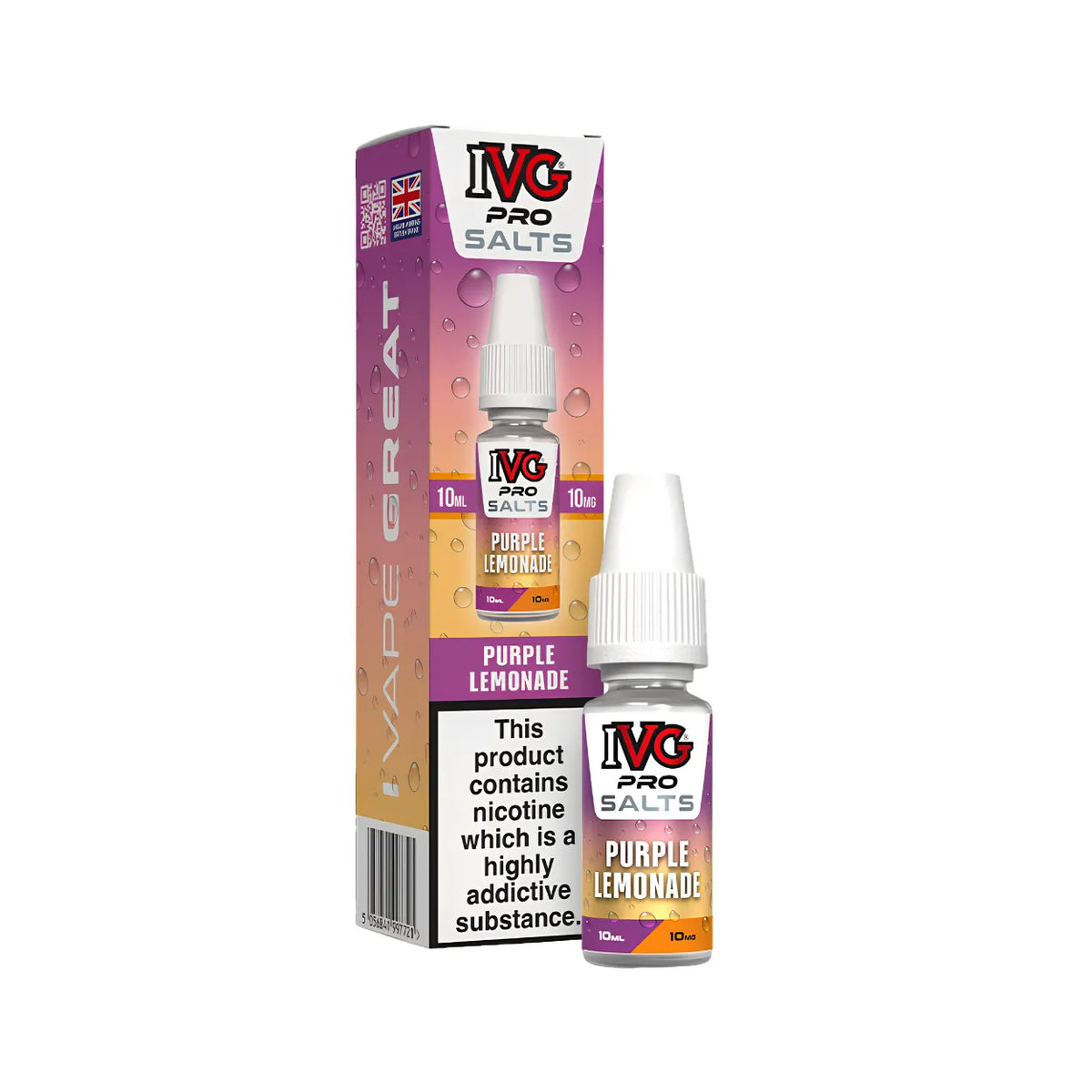 A bottle of IVG Pro Salts Purple Lemonade e-liquid next to its retail box, featuring a purple and orange gradient design with a prominent nicotine warning label.