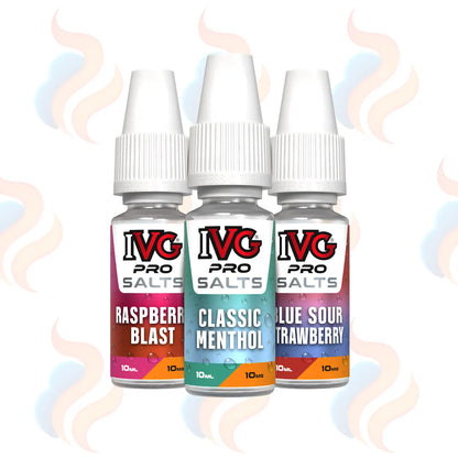 Three small IVG Pro Salts e-liquid bottles labeled Raspberry Blast, Classic Menthol, and Blue Sour Strawberry, arranged side by side on a white background with soft pastel smoke graphics.