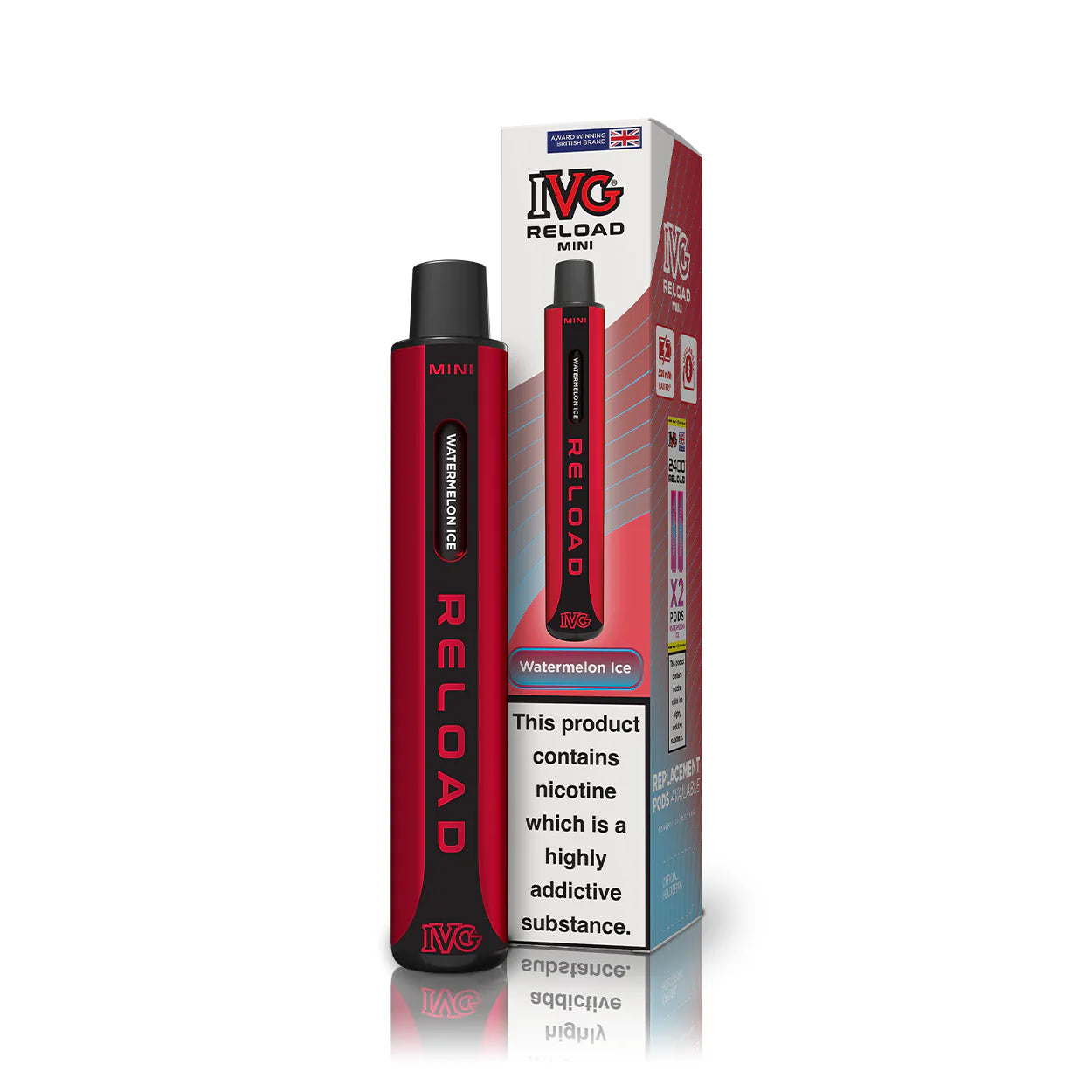 IVG Reload vape pen and packaging on a white background