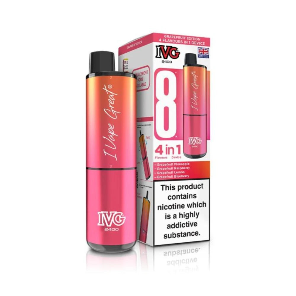 IVG 2400 4 in 1 vape device in "Grapefruit Edition" with colourful packaging on a white background.
