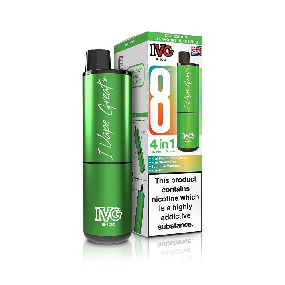 IVG 2400 4 in 1 vape device in "Kiwi Edition" flavour with colourful packaging on a white background.