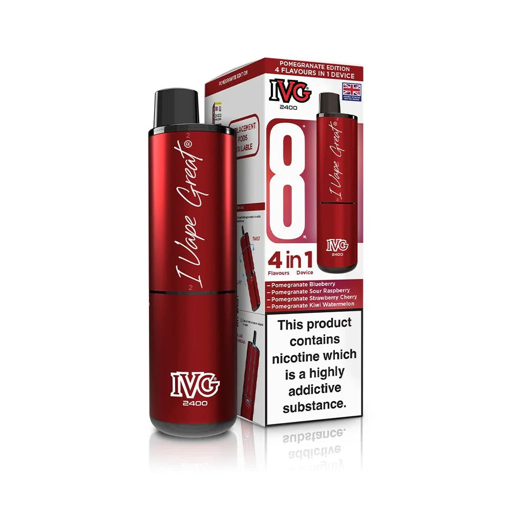 IVG 2400 4 in 1 vape device in "Pomegranate Edition" flavour with colourful packaging on a white background.