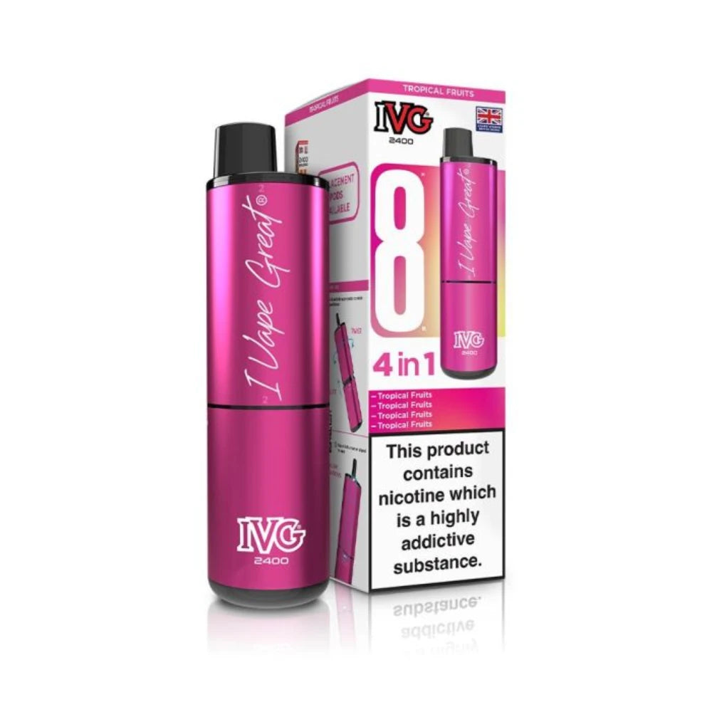 IVG 2400 vape device in "Tropical Fruits" flavour with colourful packaging on a white background.