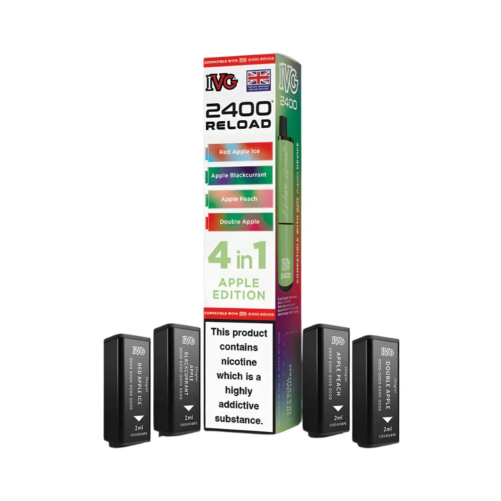 IVG 2400 Reload 4in1 Apple Edition colourful packaging with 4 black pods on a white background