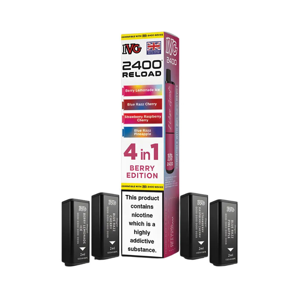 IVG 2400 Reload 4in1 Berry Edition colourful packaging with 4 black pods on a white background