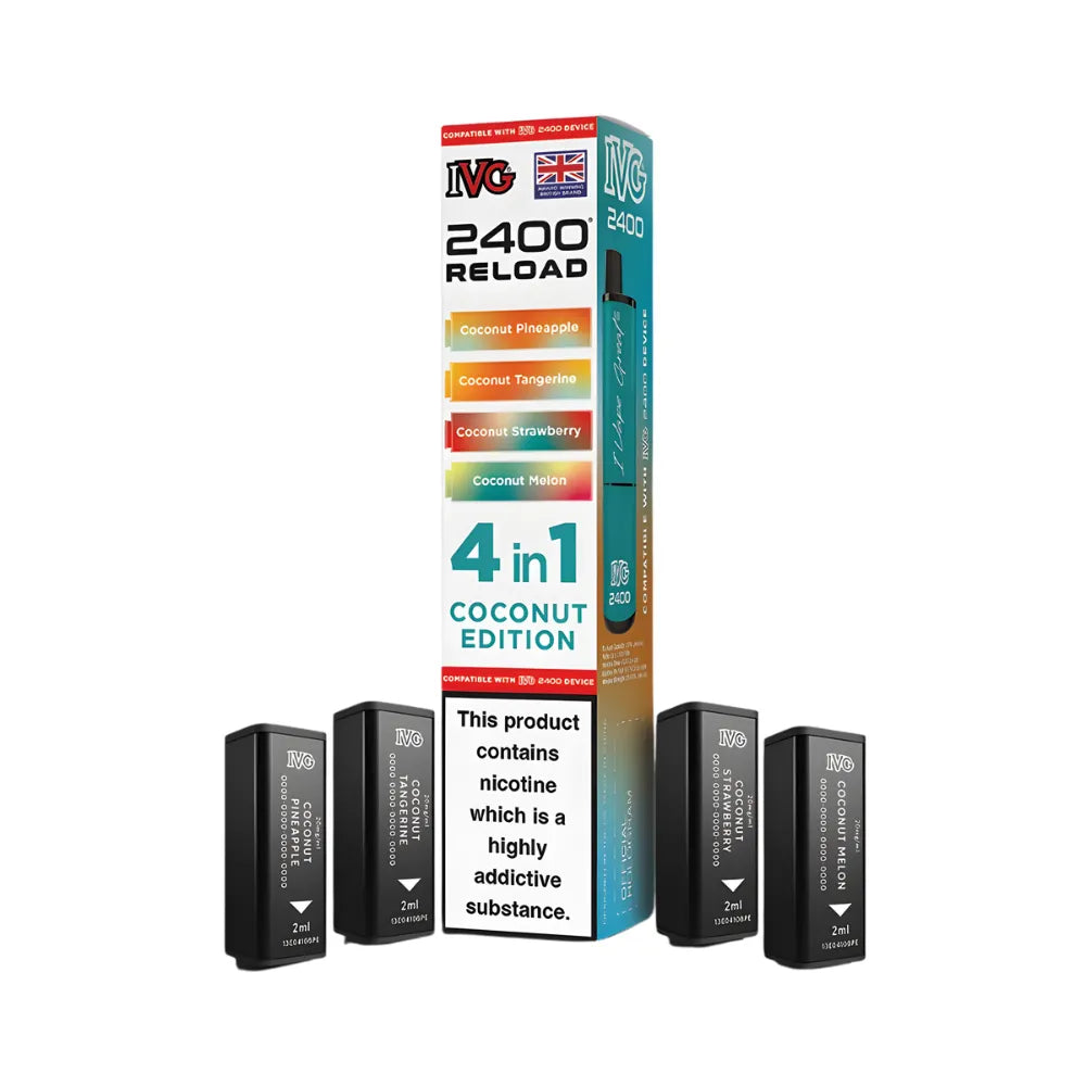 IVG 2400 Reload 4in1 Coconut Edition colourful packaging with 4 black pods on a white background