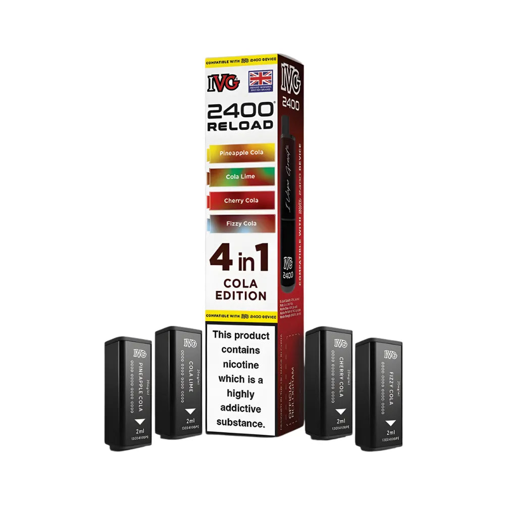 IVG 2400 Reload 4in1 Cola Edition colourful packaging with 4 black pods on a white background