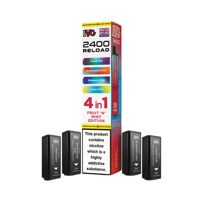 IVG 2400 Reload 4in1 Fruit N Mint Edition colourful packaging with 4 black pods on a white background