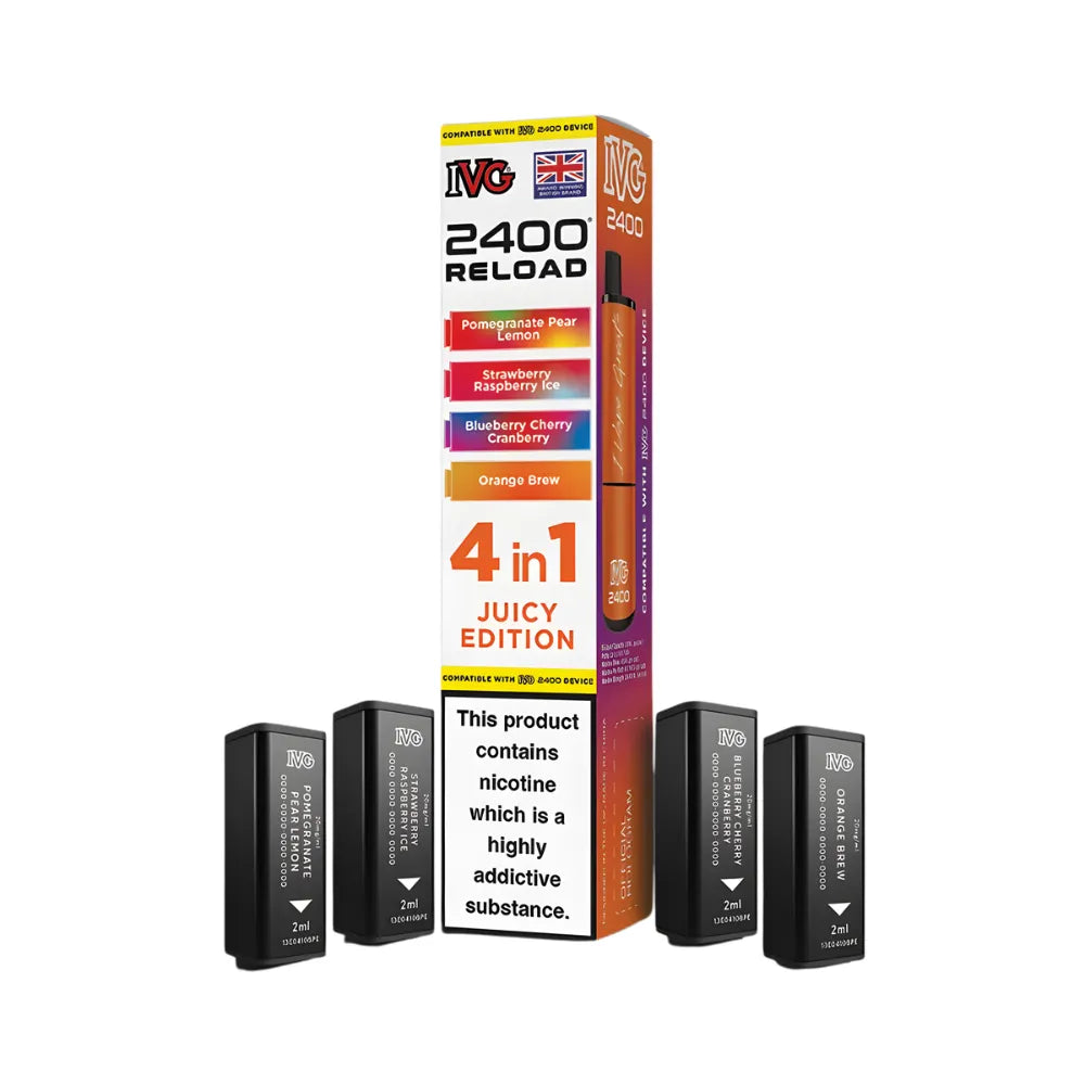 IVG 2400 Reload 4in1 Juicy Edition colourful packaging with 4 black pods on a white background