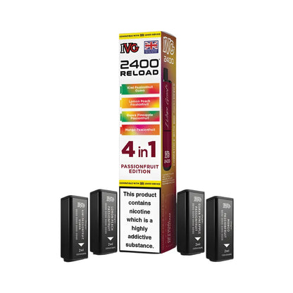 IVG 2400 Reload 4in1 Passionfruit Edition colourful packaging with 4 black pods on a white background