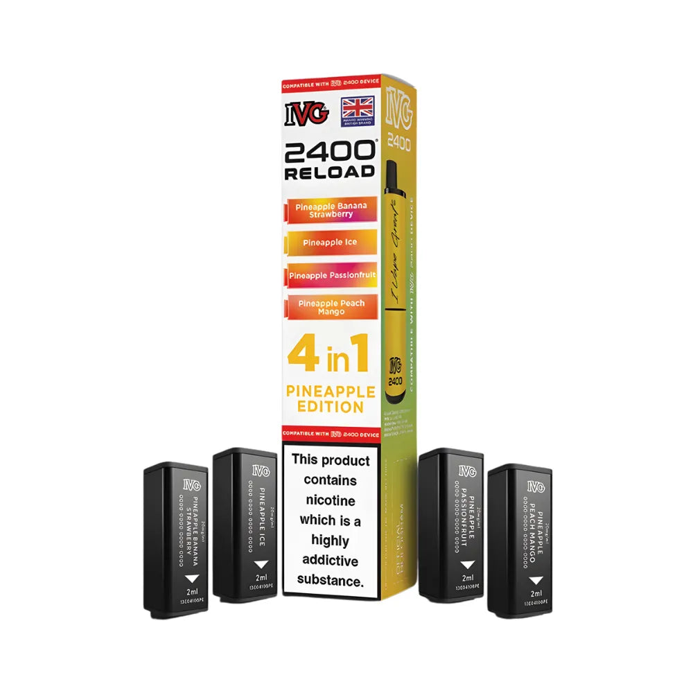 IVG 2400 Reload 4in1 Pineapple Edition colourful packaging with 4 black pods on a white background