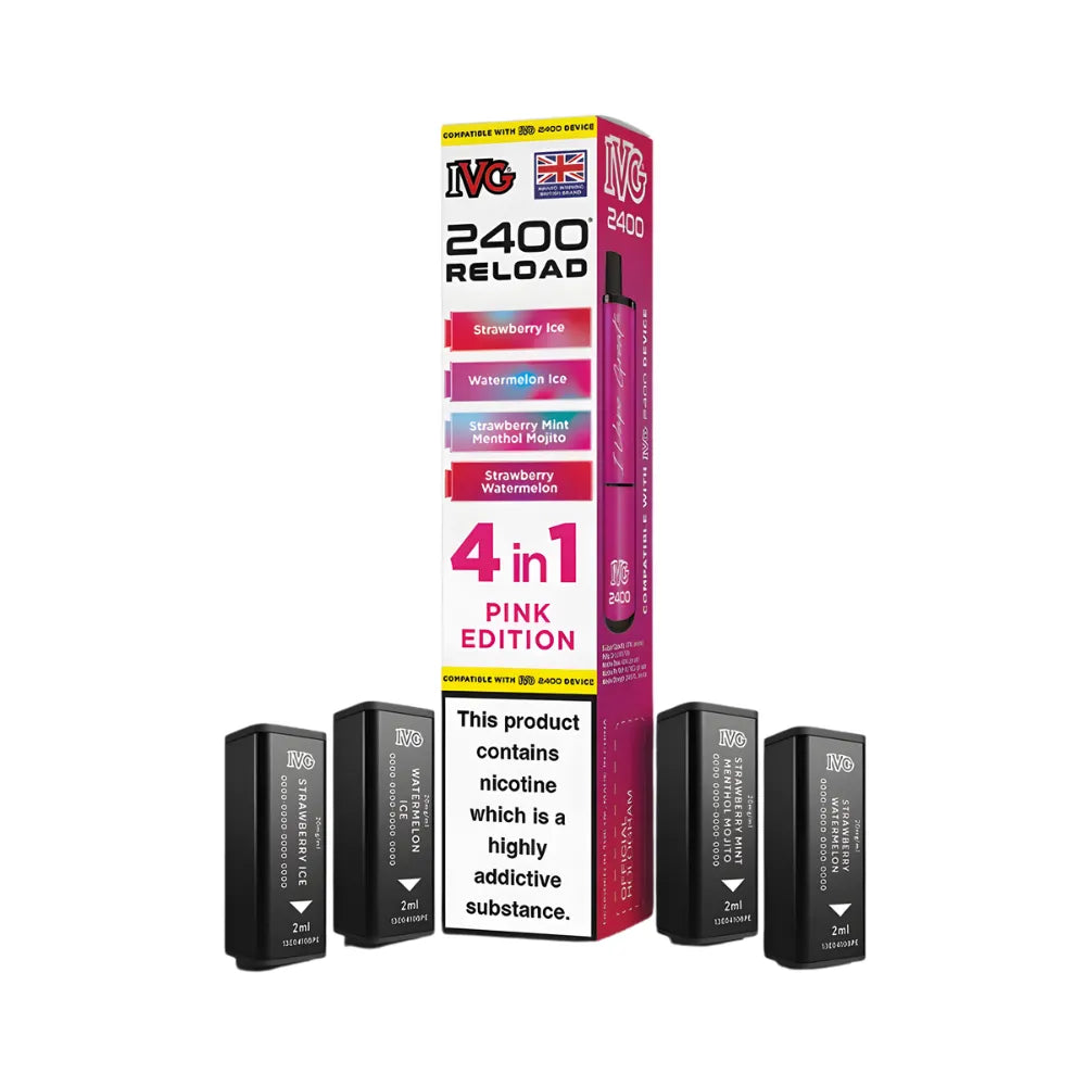 IVG 2400 Reload 4in1 Pink Edition colourful packaging with 4 black pods on a white background