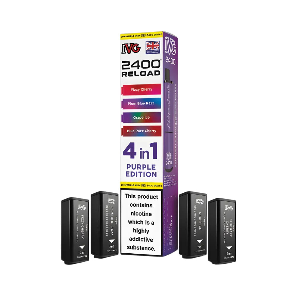 IVG 2400 Reload 4in1 Purple Edition colourful packaging with 4 black pods on a white background