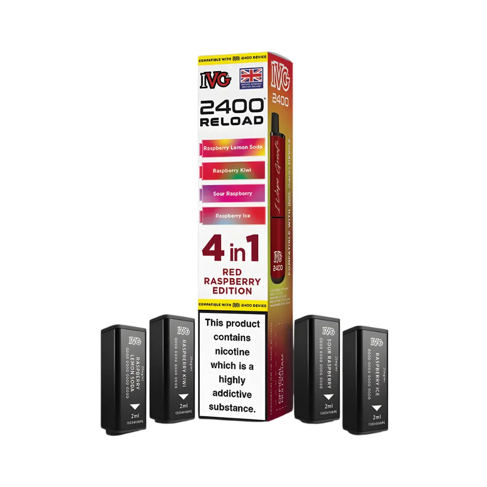 IVG 2400 Reload 4in1 Red Raspberry Edition colourful packaging with 4 black pods on a white background
