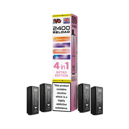 IVG 2400 Reload 4in1 Retro Edition colourful packaging with 4 black pods on a white background