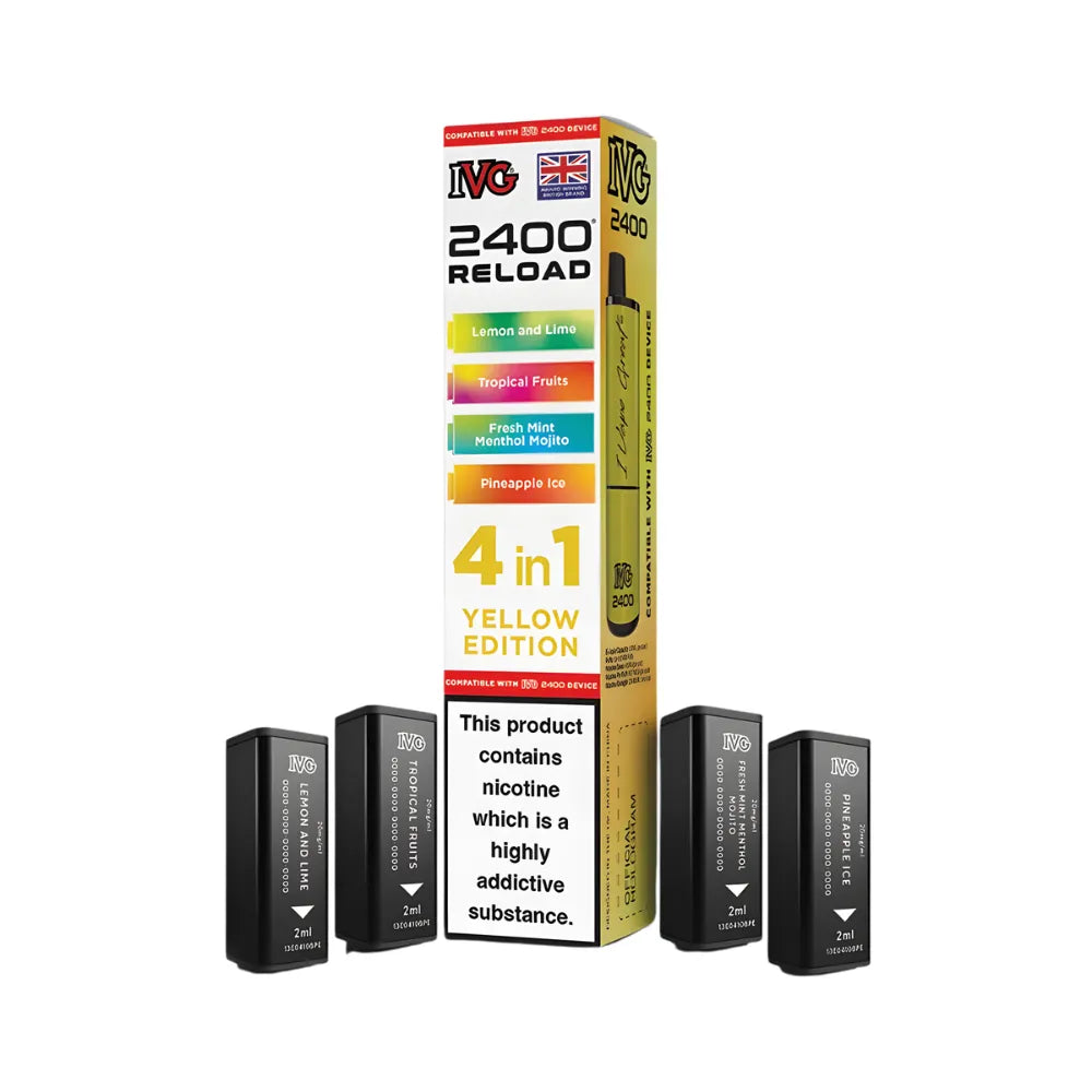 IVG 2400 Reload 4in1 Yellow Edition colourful packaging with 4 black pods on a white background