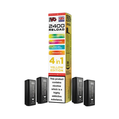 IVG 2400 Reload 4in1 Yellow Edition colourful packaging with 4 black pods on a white background