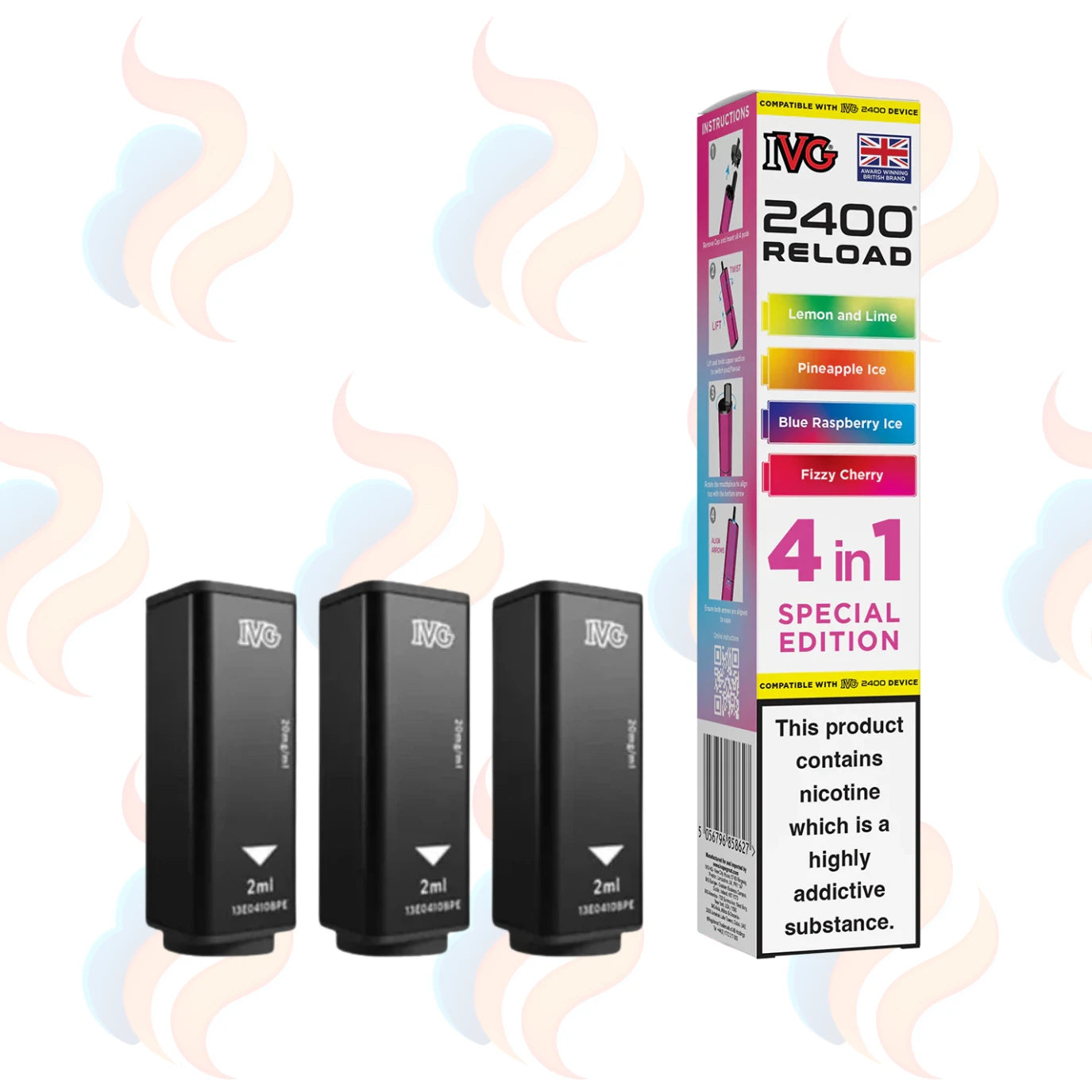 Three IVG 2400 Reload refills on a white background with UK Vape Supply Logo