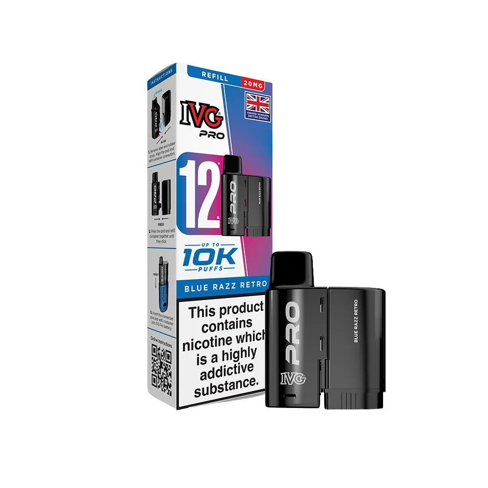 IVG Pro pod Blue Razz Retro with packaging on a white background