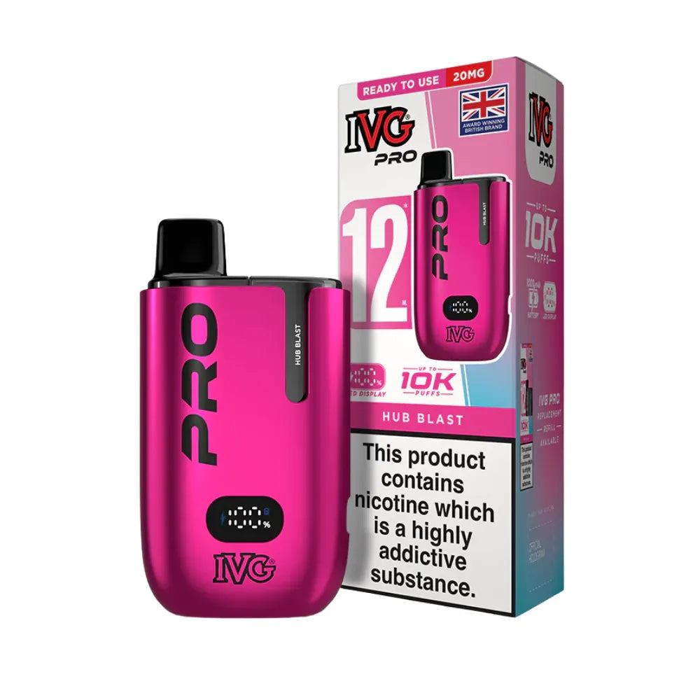 Pink IVG Pro "Hub Blast" vaping device with packaging on a white background