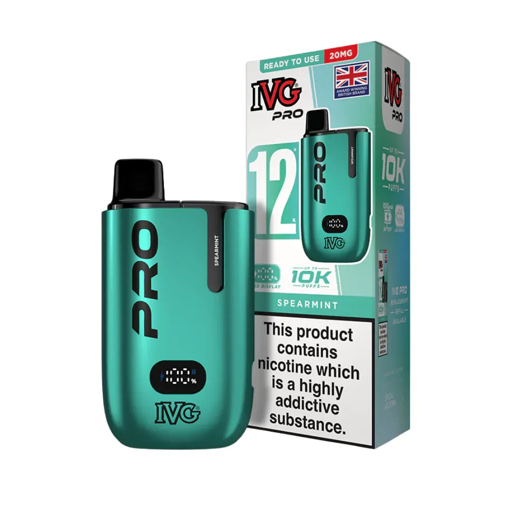 Blue IVG Pro "Spearmint" vaping device with packaging on a white background