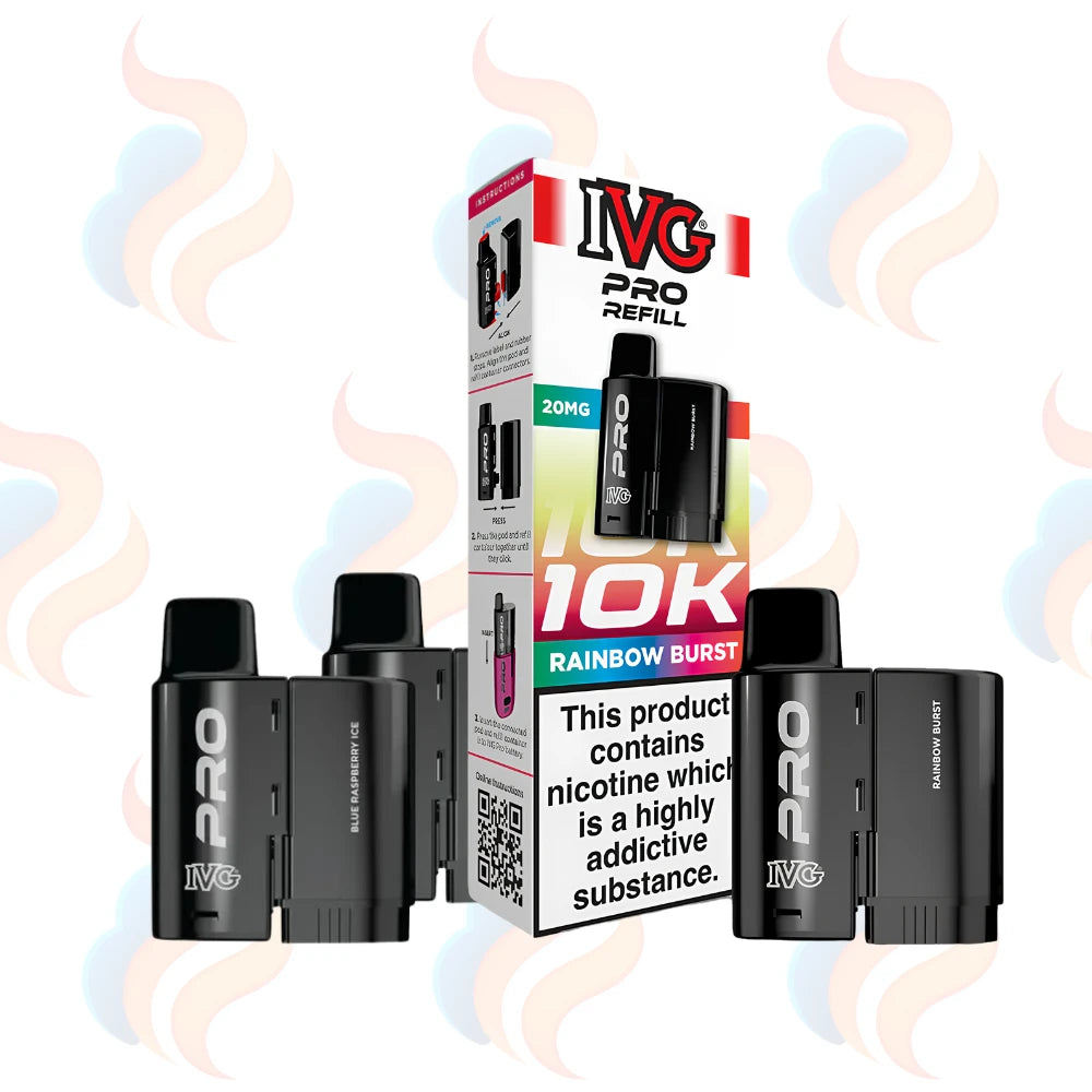Three black IVG Pro Refill 10K vape devices and their retail packaging box, featuring the Rainbow Burst flavour. The box displays a prominent warning label and the IVG brand logo, set against a white background with subtle pastel smoke graphics.