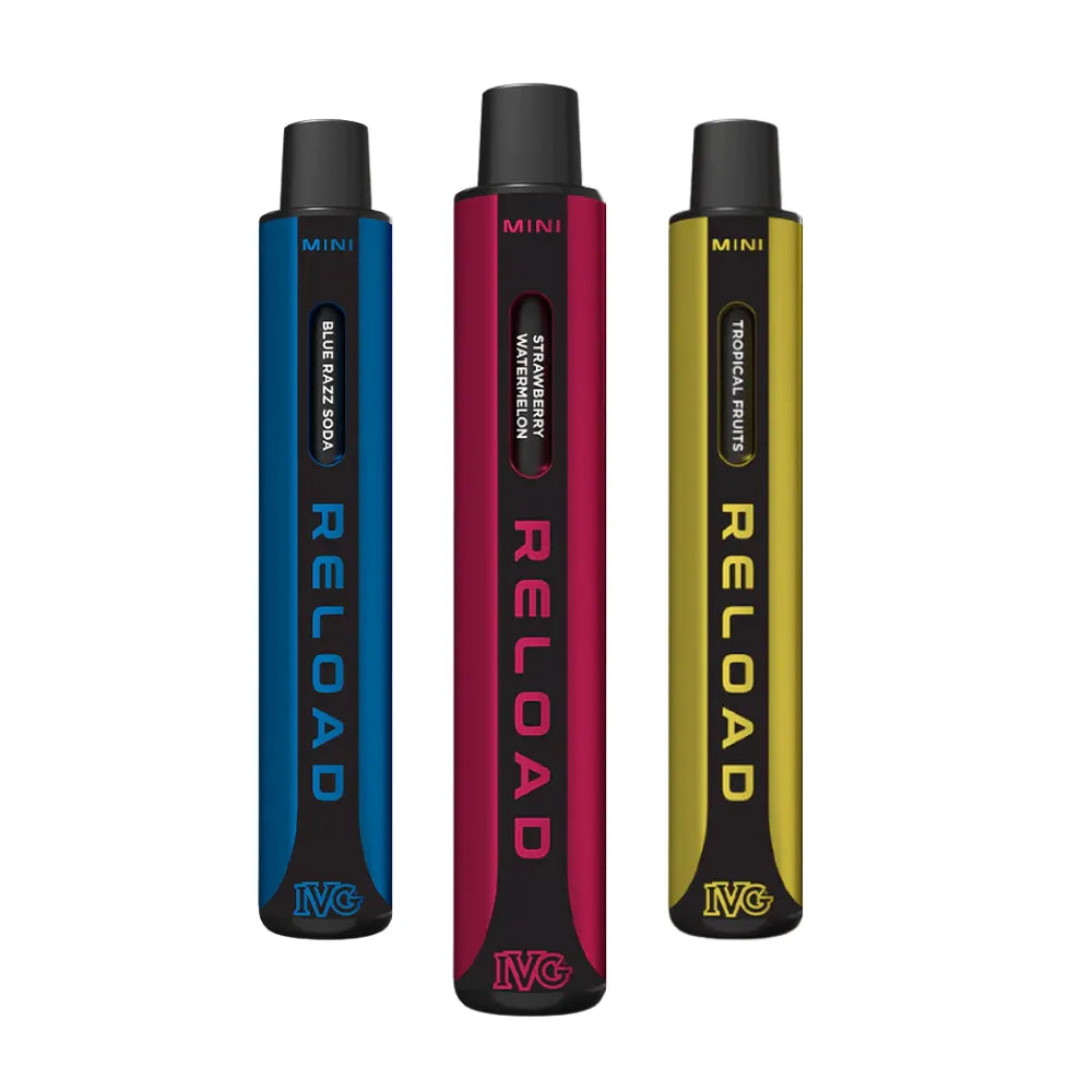 Three Reload vape devices in blue, red, and yellow on a white background