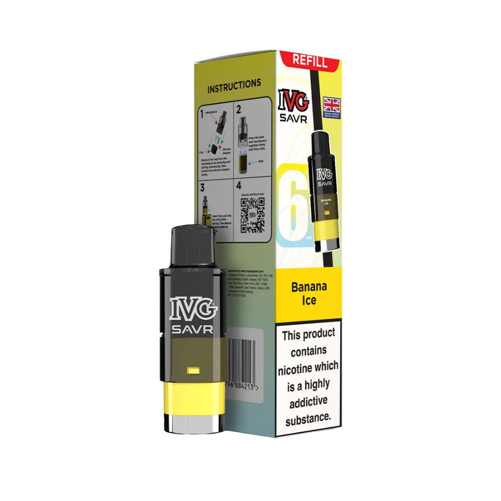 IVG SAVR refills banana ice and packaging on a white background