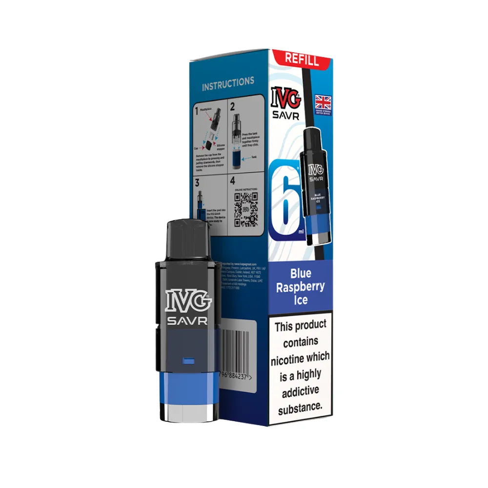 IVG SAVR refills blue raspberry ice and packaging on a white background