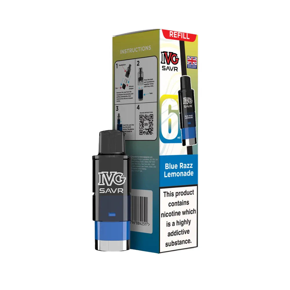 Blue Razz Lemonade IVG SAVR refills and packaging on a white background