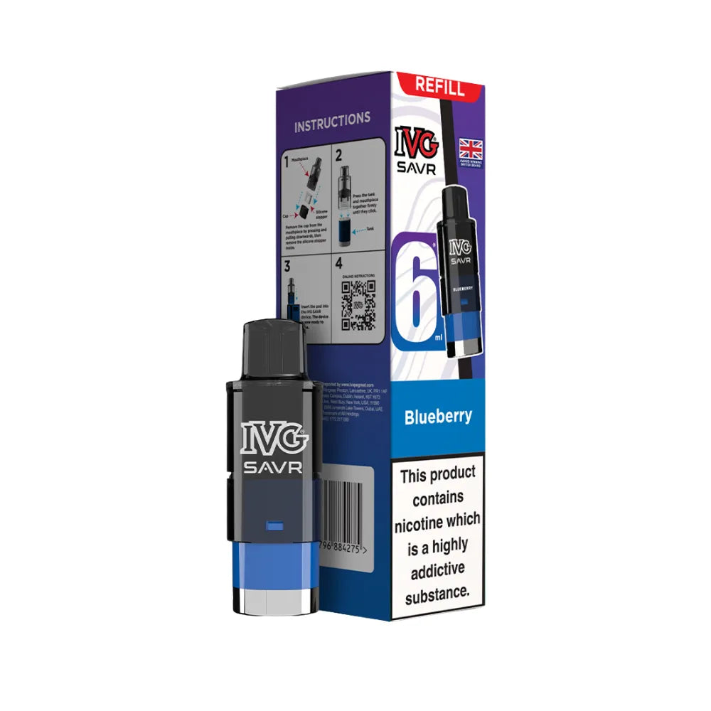 Blueberry IVG SAVR refills and packaging on a white background