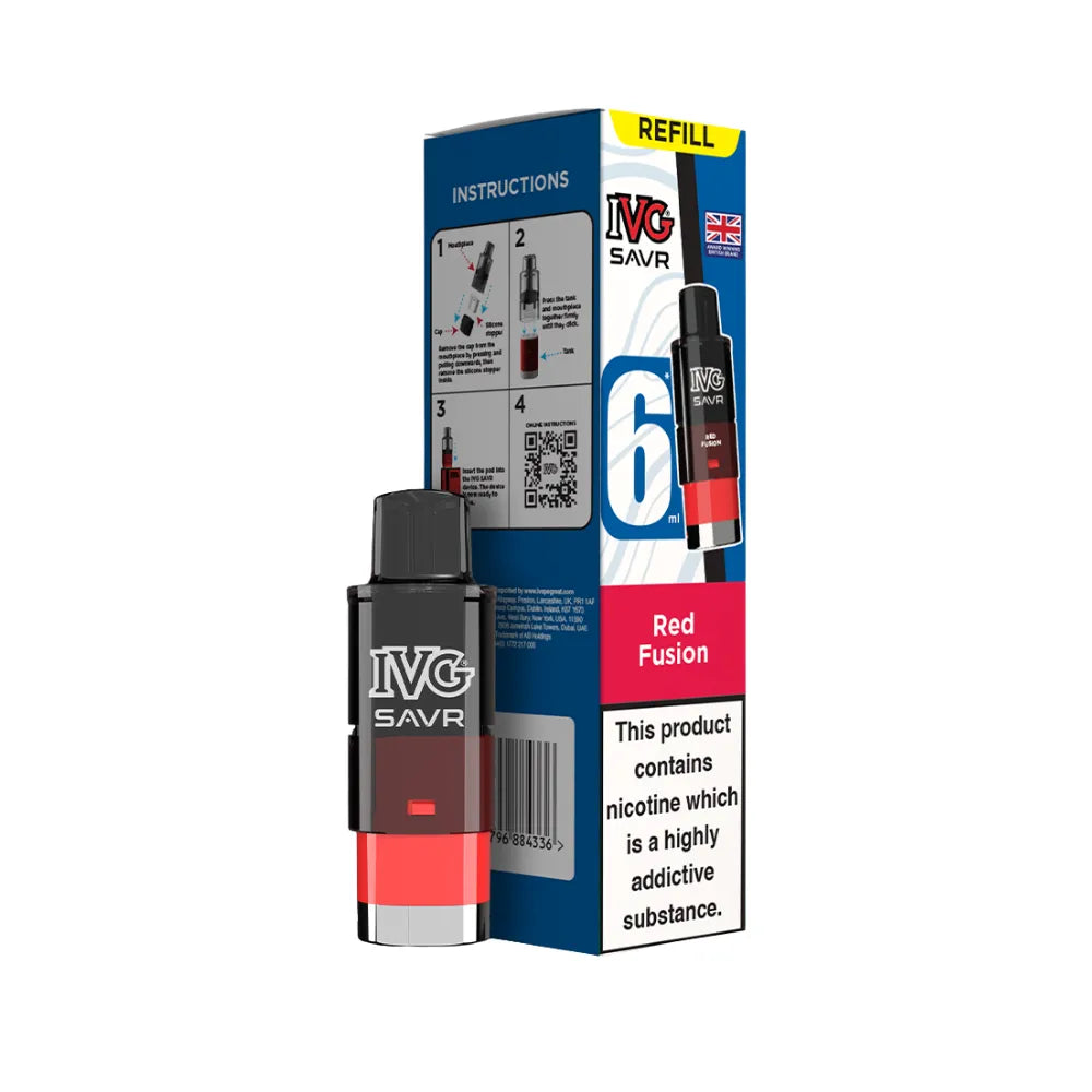 Red Fusion IVG SAVR refills and packaging on a white background