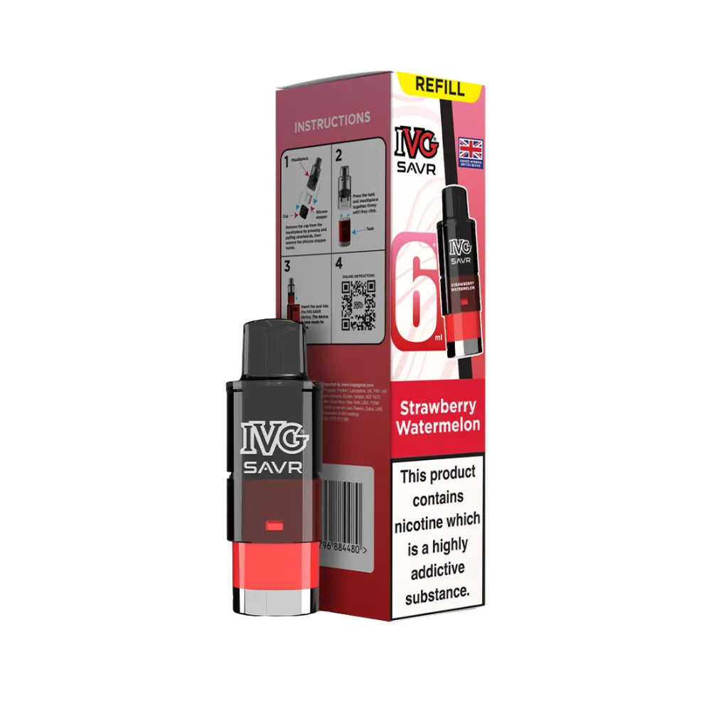 Strawberry Watermelon IVG SAVR refills and packaging on a white background