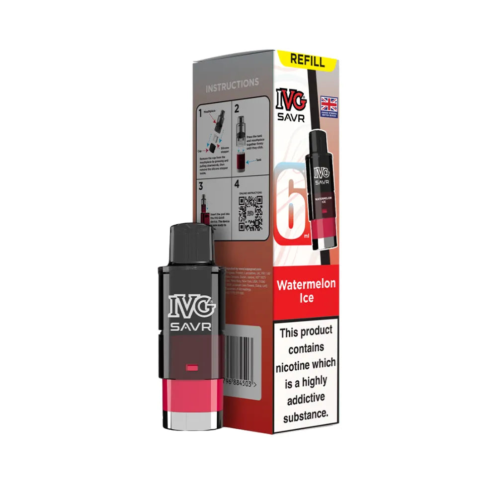 Watermelon Ice IVG SAVR refills and packaging on a white background