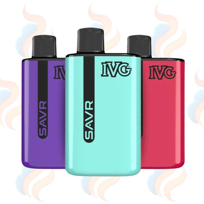 Three IVG vape devices in purple, teal, and red on a UK Vape Supply Logo background