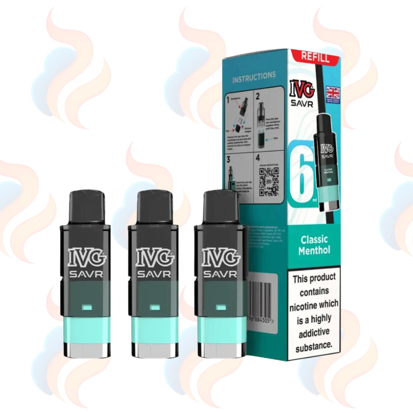 Three IVG Savr refills on a white background with UK Vape Supply Logo