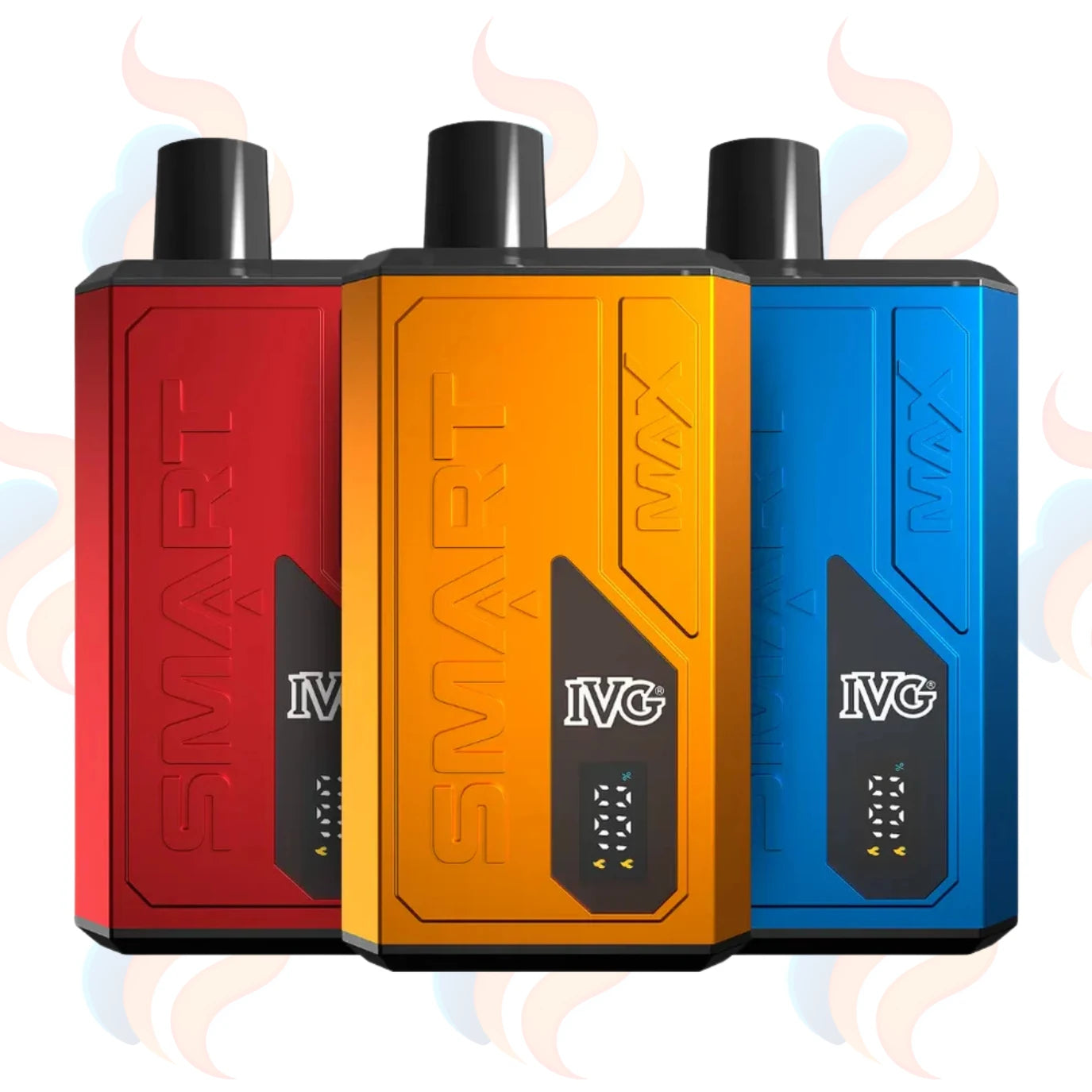 Three Smart IVG vape devices in red, orange, and blue on a UK Vape Supply Logo background